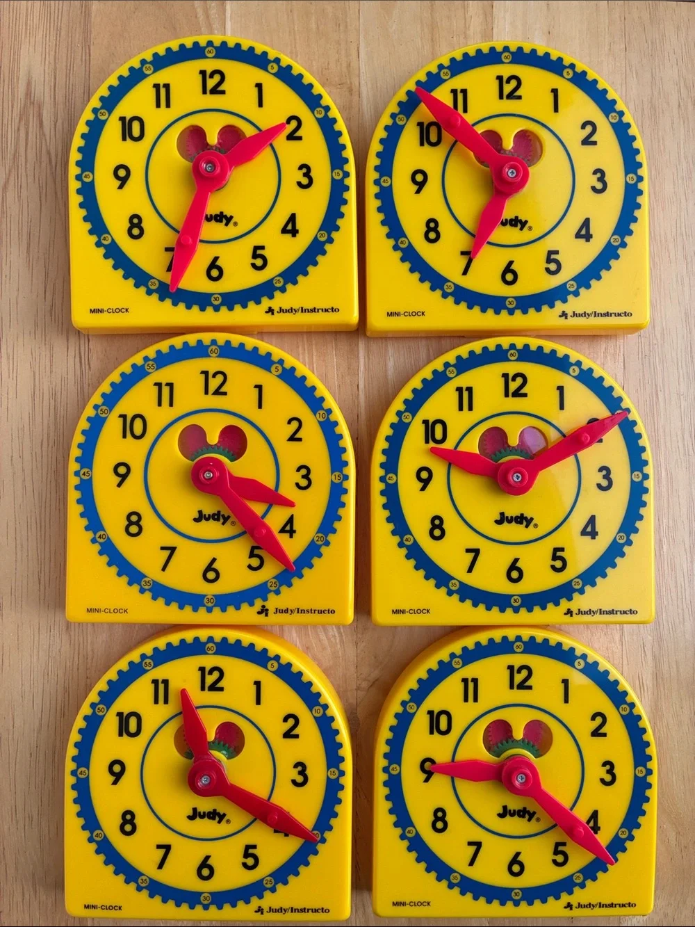 Kids Learning Clocks lot of 6 Yellow w/  Red Hands Judy/Instructo about 5 in tal